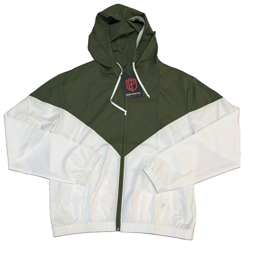 NWT Born Primitive Womens XL Green White Athletic Windbreaker Ohana Jacket